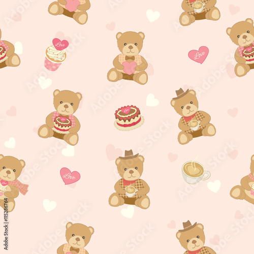 Illustration vector of lover bear with cakes and coffee decoration into seamless pattern background.Pastel color for bakery cafe shop.