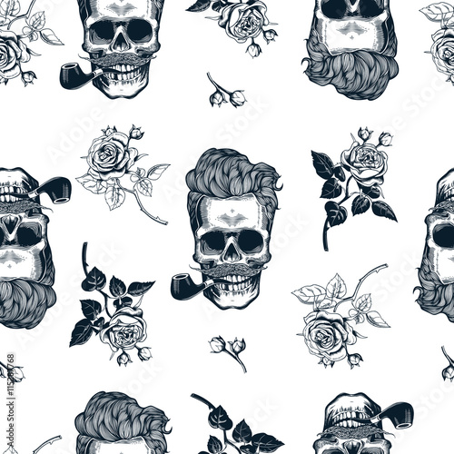Hipster seamless pattern with skulls silhouettes, flowers roses. Sculls in vintage engraving style. Mustache, beard, tobacco pipes. Black and white Vector illustration.