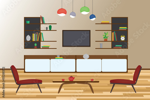 Home Interior flat vector design. Living room and dining room with furniture. Set