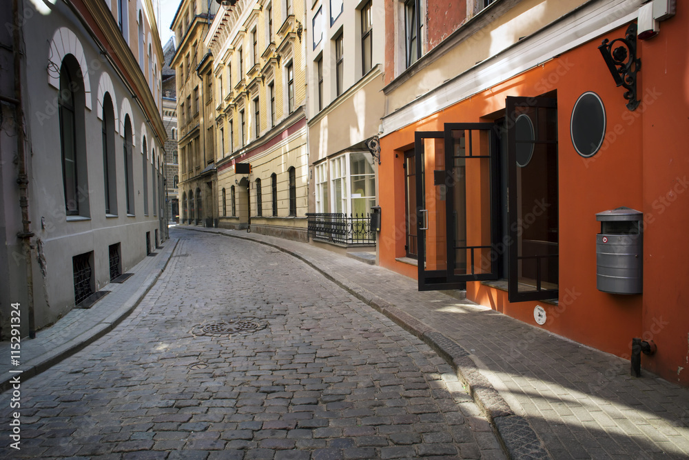 Street without people early in the morning. Europe. Riga