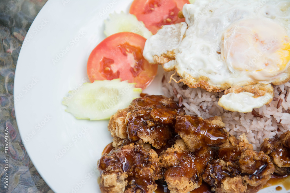 Teriyaki chicken on rice with fried egg