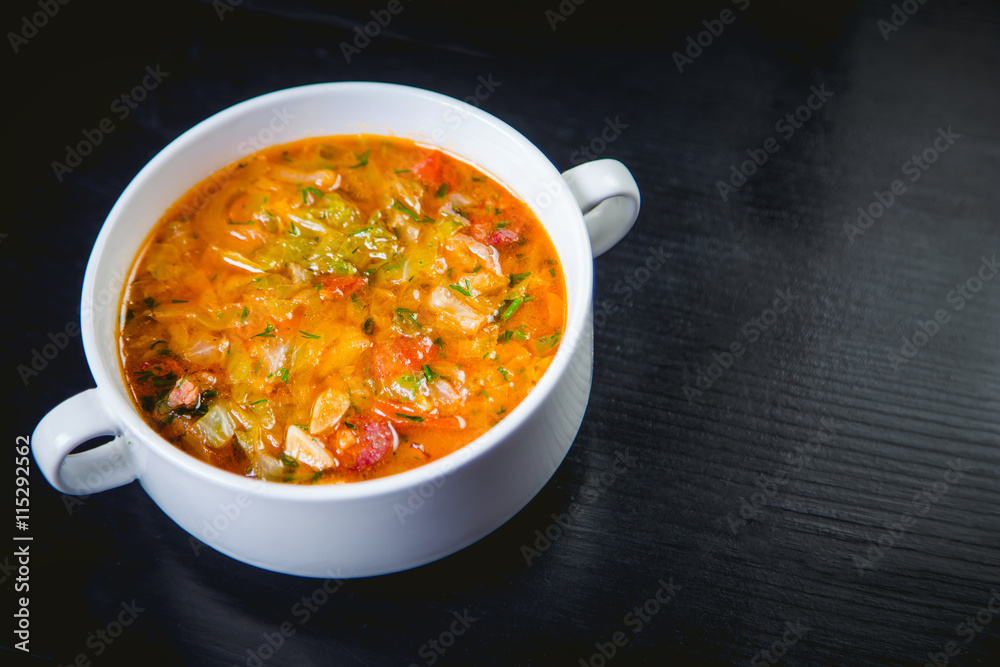 delicious soup in a dish in a restaurant delicious soup in a dish in a restaurant