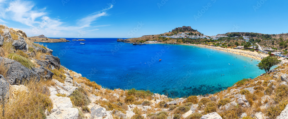 panoramic view of Lindos bay, Rhodes island, Greece