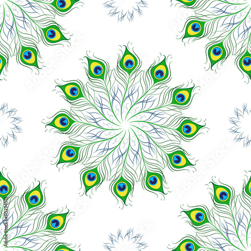 Seamless pattern of peacock feathers . Mandala