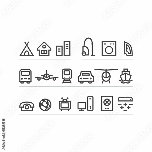 Icons housing, household appliances and transport.