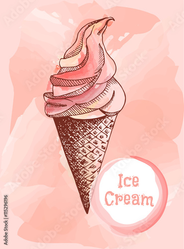 Ice cream in a waffle cup hand drawn. Stylized watercolor. Sketch style. Watercolor illustration, vector. EPS 10