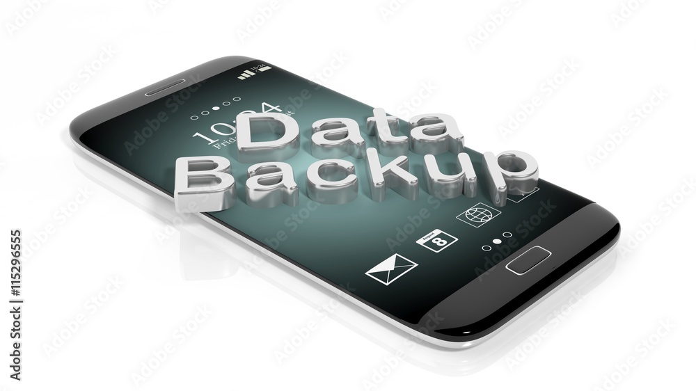3D rendering of smartphone with Data Backup text , isolated on white background. 3D rendering of smartphone with Data Backup text , isolated on white background.