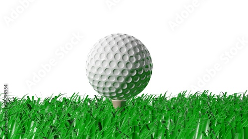 3D rendering of golf ball on grass, isolated on white background.