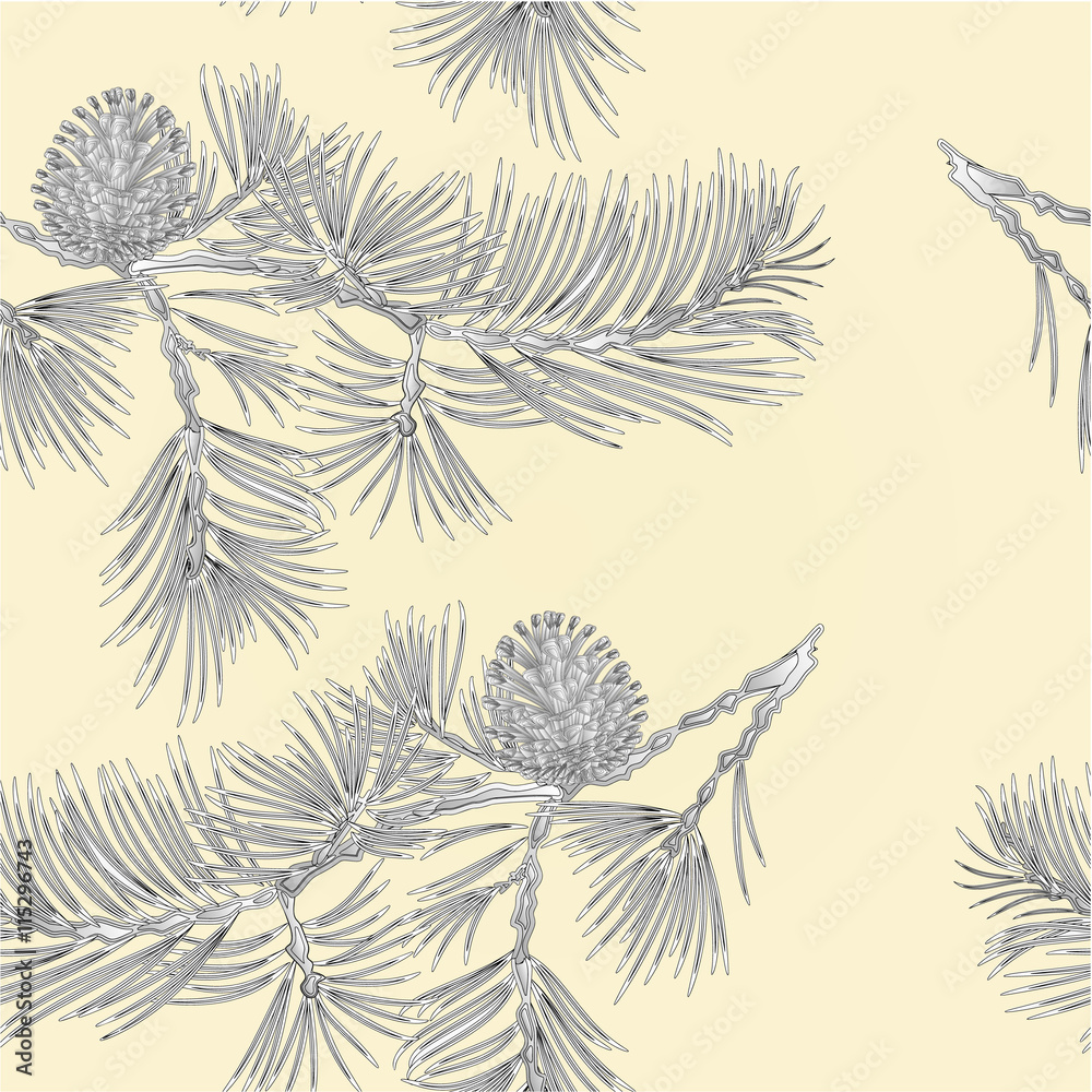 Naklejka premium Seamless texture branch Pine and pine cone as vintage engraving natural background vector illustration