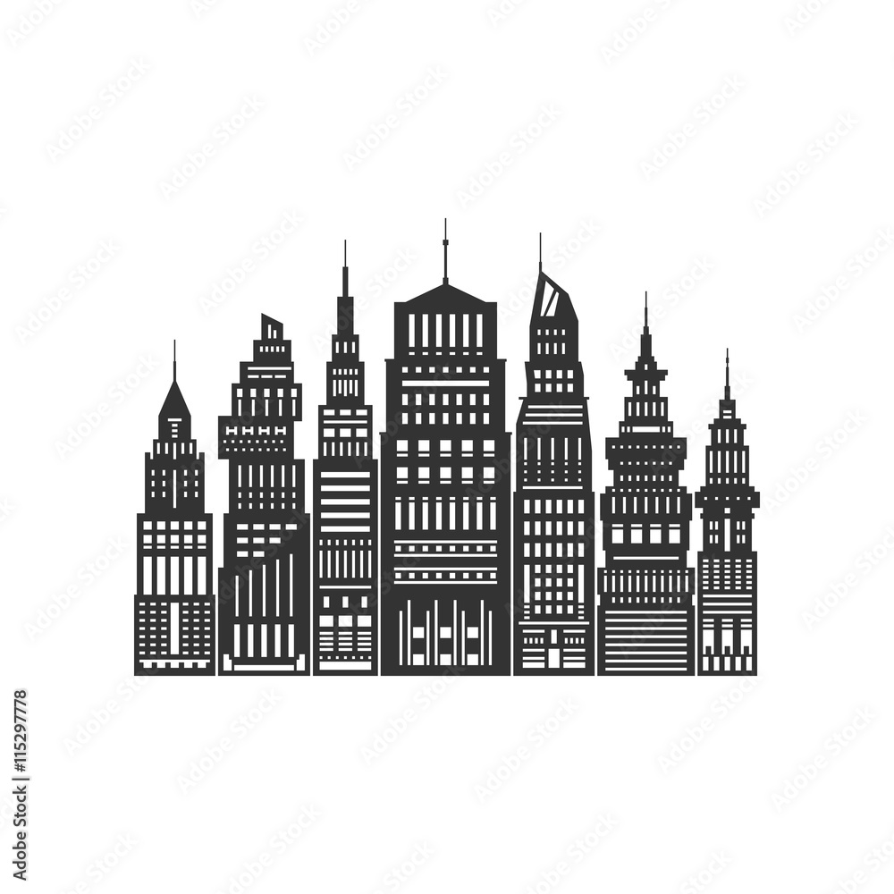 Modern Big City with Buildings and Skyscraper, Architecture Megapolis, City Financial Center Isolated on White Background ,Black and White Vector Illustration