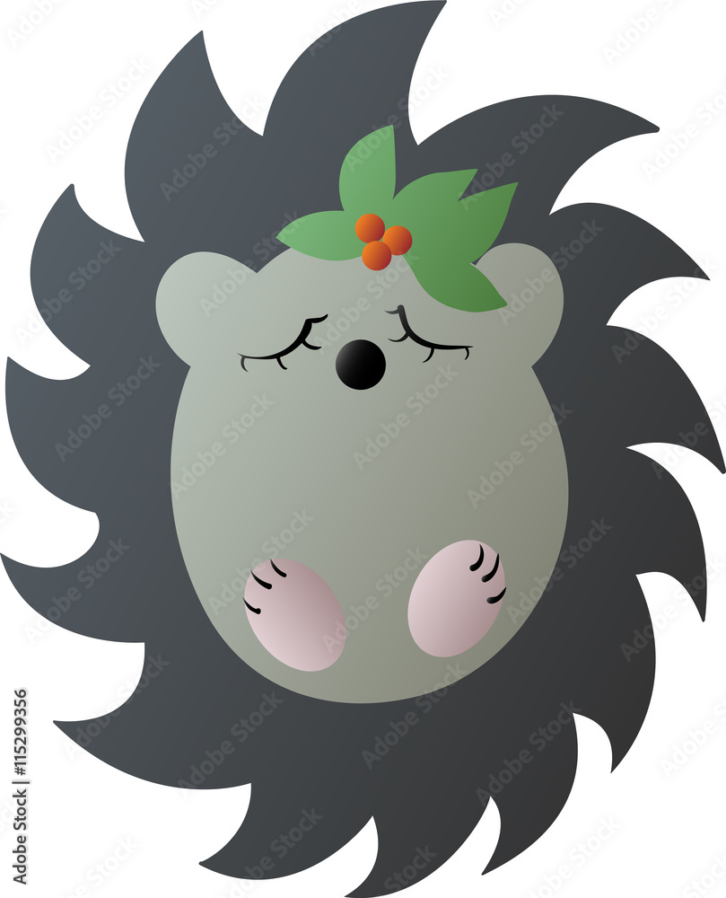 Drawing of a cute cartoon gray hedgehog with green leaves and red berries on a head Drawing of a cute cartoon gray hedgehog with green leaves and red berries on a head
