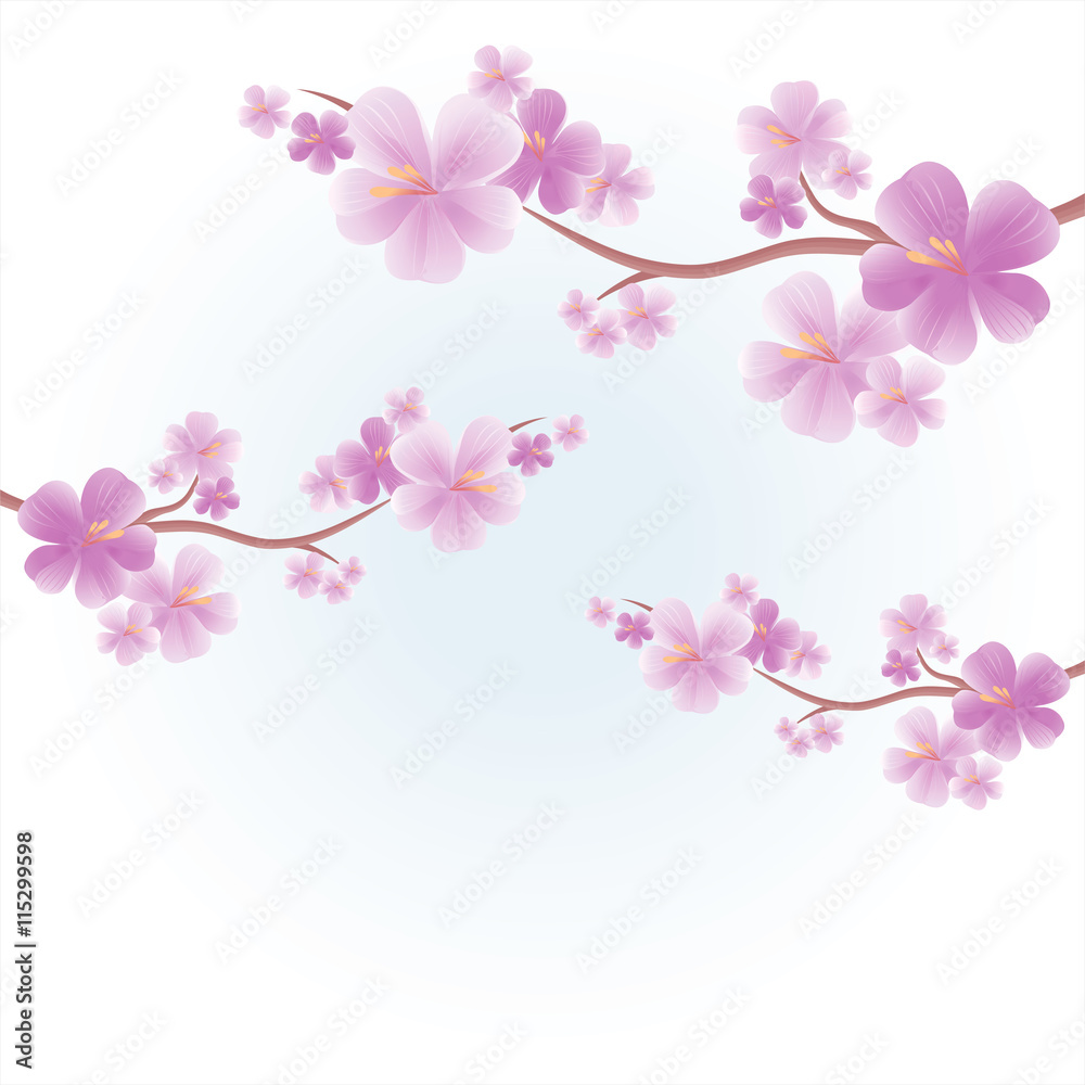 Apple tree flowers. Branches of sakura with Purple flowers isolated on Light Blue color background. Cherry blossom branches. Vector Apple tree flowers. Branches of sakura with Purple flowers isolated on Light Blue color background. Cherry blossom branches. Vector