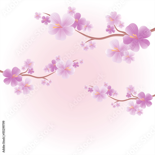 Apple tree flowers. Branches of sakura with Purple flowers isolated on Light Pink Purple color background. Cherry blossom branches. Vector