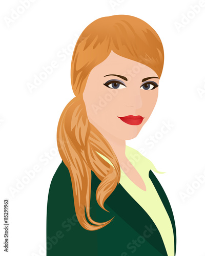 The portrait of PR-manager. Specialist in public relations in green office suit on white background. Isolated vector illustration. Vertical location.
