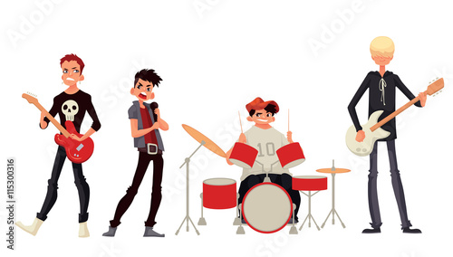 Cartoon rock group musicians vector illustration isolated on white background. Rock star singer guitarist drummer solo guitarist bassist. Isolated vector rock band musicians