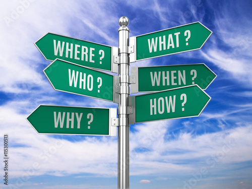 Fényképezés Road signpost with question words. 3d illustration