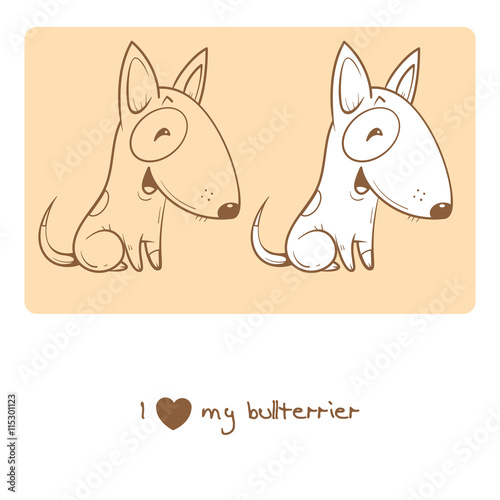 Card with cute cartoon dog breed bullterrier. Children's illustration. Little puppy. Funny baby animal.  Two variants vector contour  image, transparent background and white fill.