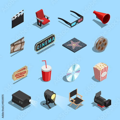 Cinema Movie Accessories Isometric Icons Collection 