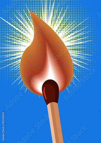 Match with fire glowing in the dots background. Pop art comic style - vector illustration.