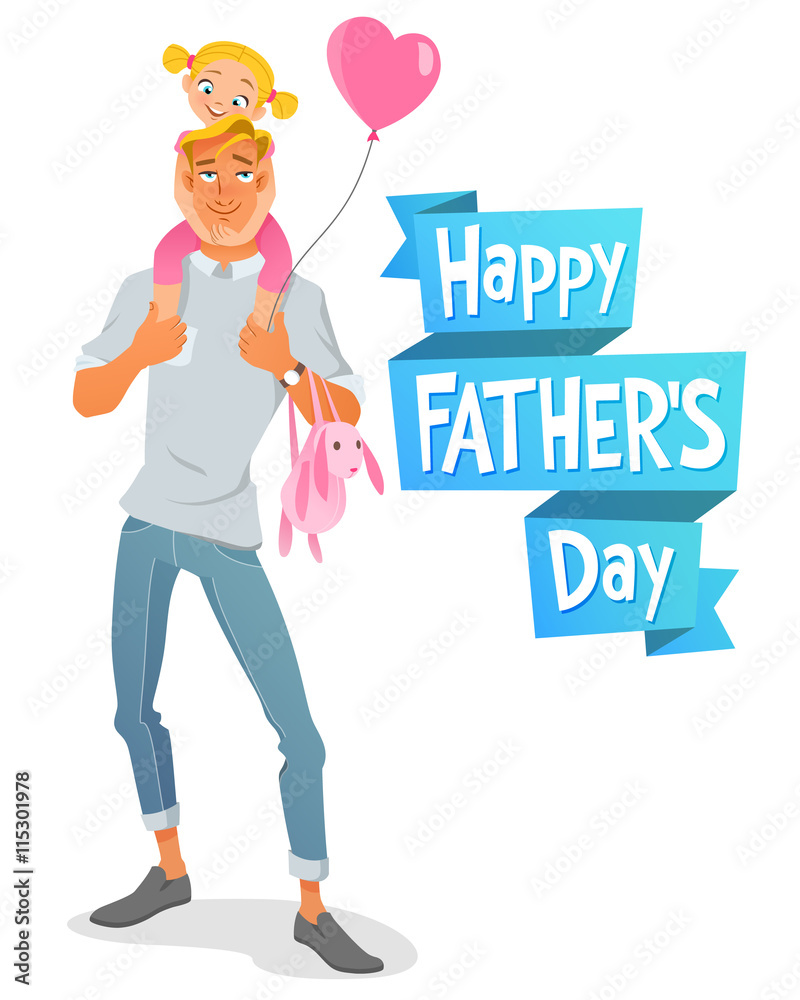 Father's Day card. Smiling father carrying his young daughter on the shoulders with balloon. Vector illustration isolated on white background. Father's Day card. Smiling father carrying his young daughter on the shoulders with balloon. Vector illustration isolated on white background.