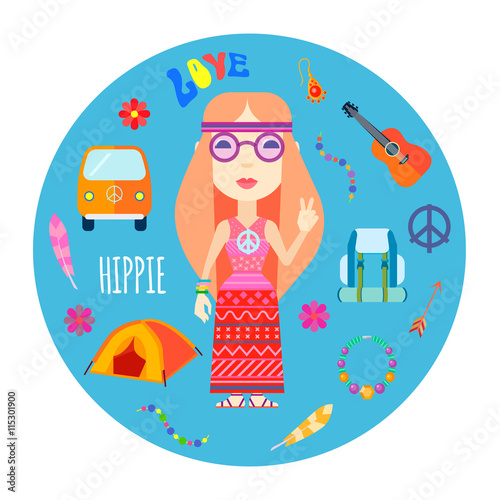 Hippie Character Accessories Flat Round Illustration