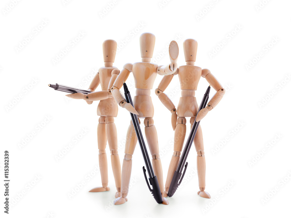 Three armed with pens wooden mannequins isolated on white background. Stop sign, legal protection or bureaucratic barriers concept Three armed with pens wooden mannequins isolated on white background. Stop sign, legal protection or bureaucratic barriers concept