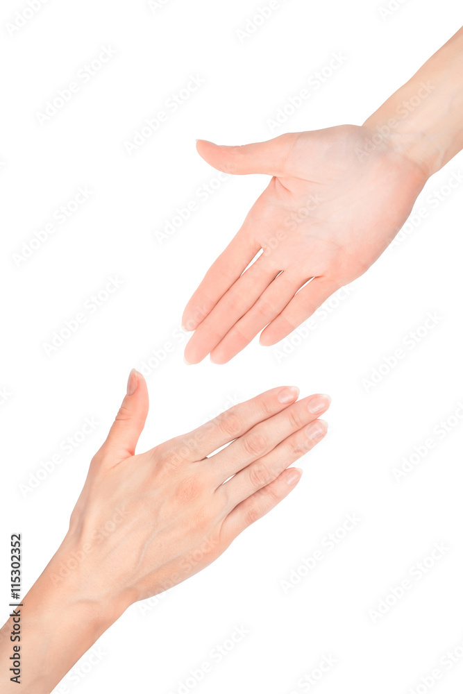 Two hands reaching each other. Isolated on white with clipping path