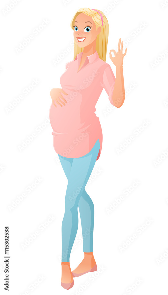 Beautiful and healthy pregnant woman showing ok sign gesture. Vector illustration isolated on white background. Beautiful and healthy pregnant woman showing ok sign gesture. Vector illustration isolated on white background.