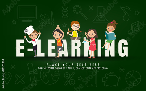e-learning kids education course concept on chalkboard background