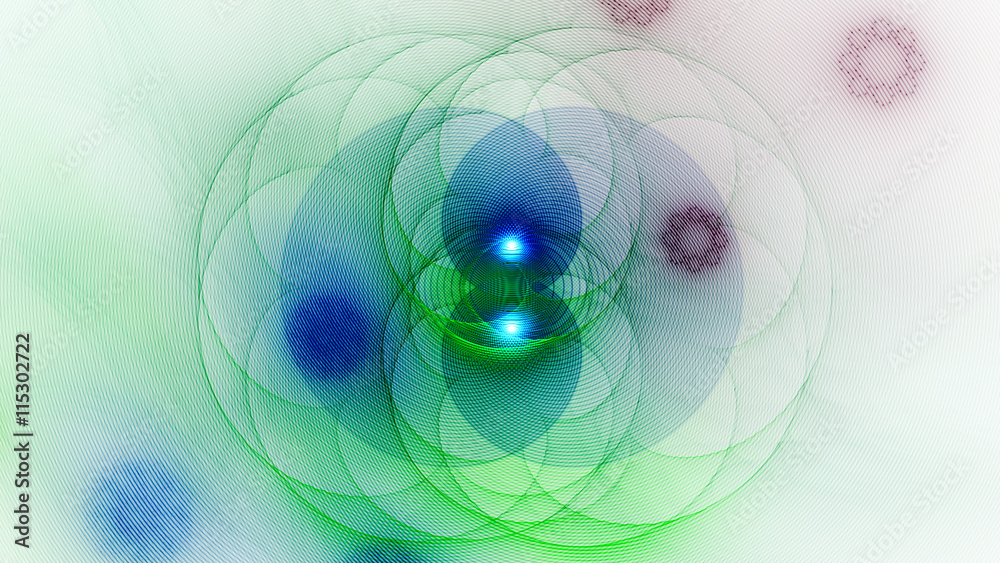 Obraz premium Merge colored spheres. Secrets consciousness.3D surreal illustration. Sacred geometry. Mysterious psychedelic relaxation pattern. Fractal abstract texture. Digital design astrology alchemy magic