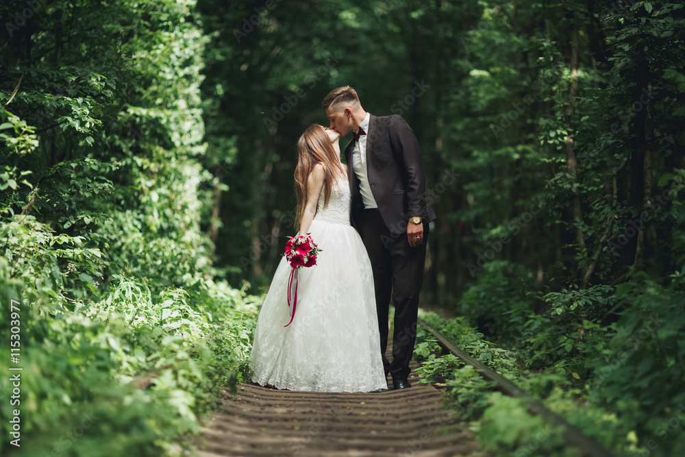 luxury stylish young bride and groom on the background spring sunny green forest