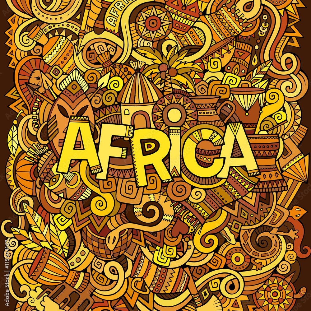 Fototapeta premium Cartoon cute doodles hand drawn african illustration.