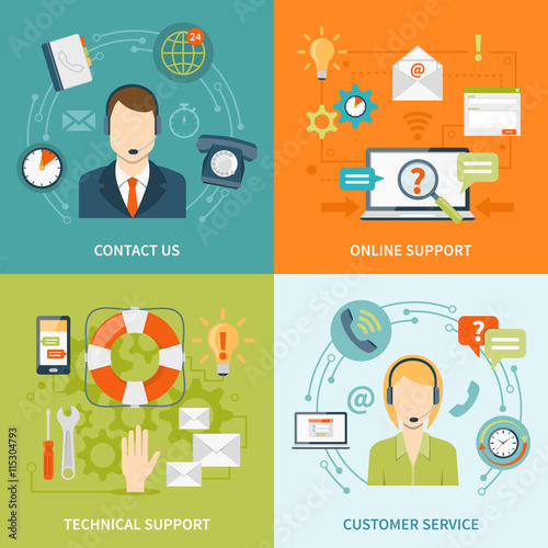 Contact Us Customer Support 2x2 Flat Icons Set