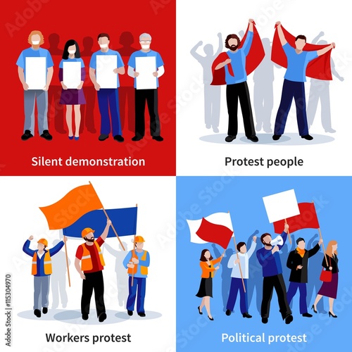 Demonstration Protest People 2x2 Icons Set