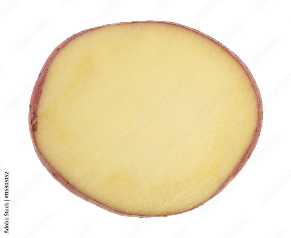 Single slice of red potato on a white background. Single slice of red potato on a white background.