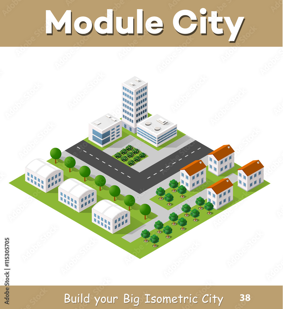 Flat isometric map, landscape city, building skyscraper, picture of the nature, parks, cafe, landmarks. Vector 3d top view block dormitory area