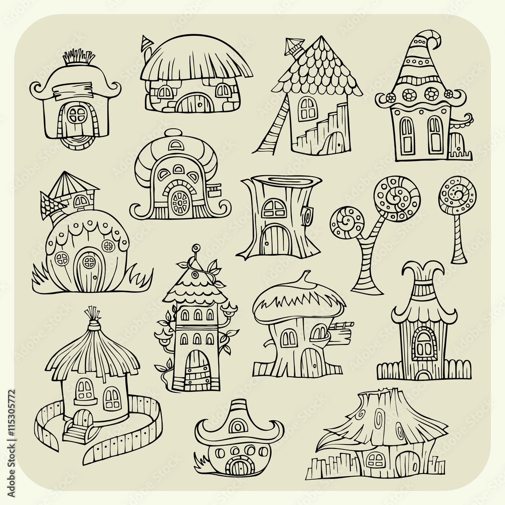 Set of sketch cartoon vector houses
