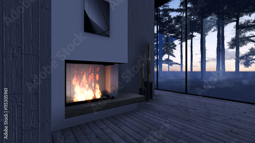 Modern Fireplace in white stone. Nature view. Morning sunrise, beautiful peac...