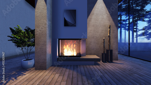 Modern Fireplace in white stone with lights. Render Image