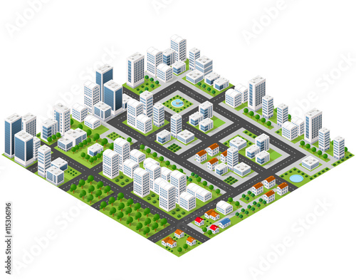 Great 3D metropolis of skyscrapers, houses, gardens and streets in a three-dimensional isometric view