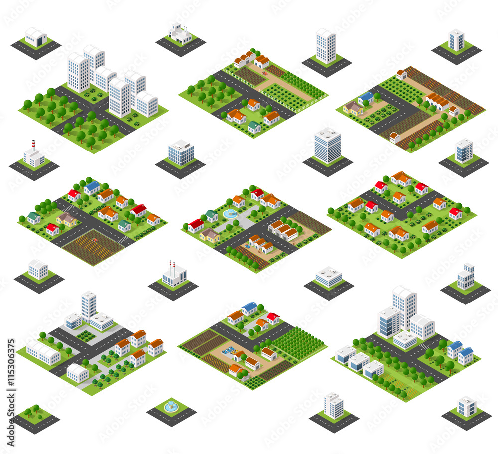 A large kit of 3D metropolis of skyscrapers, houses, gardens and streets in a three-dimensional isometric view