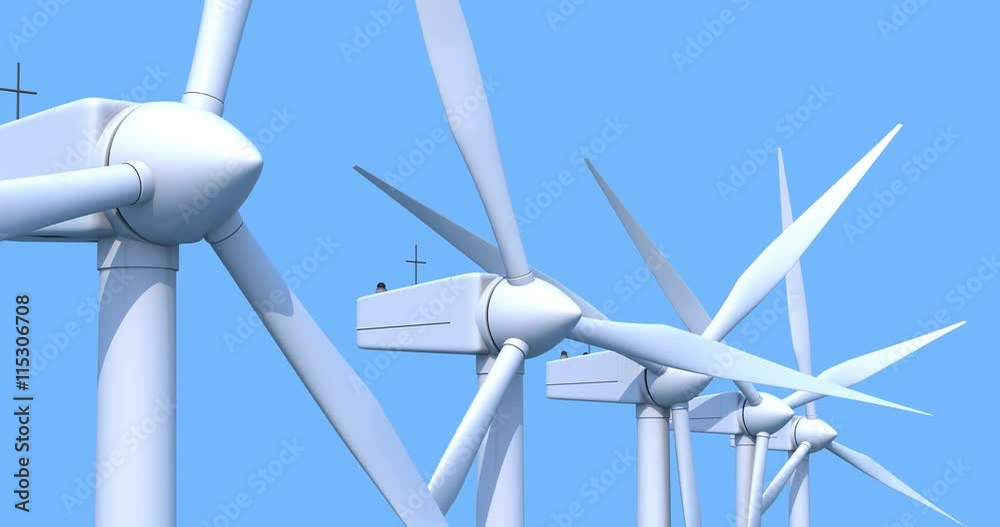 Row of wind power generators on blue background. 3D illustration in 4K resolution, seamless loop