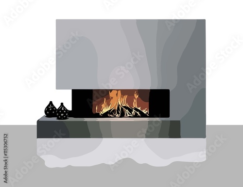 Modern Fireplace Vector. Realistic Vector White modern room interior illustra...