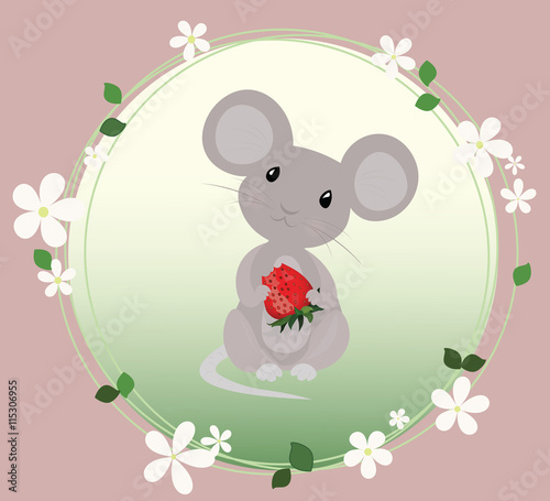 Cute Mouse eating strawberry Vector  Illustration