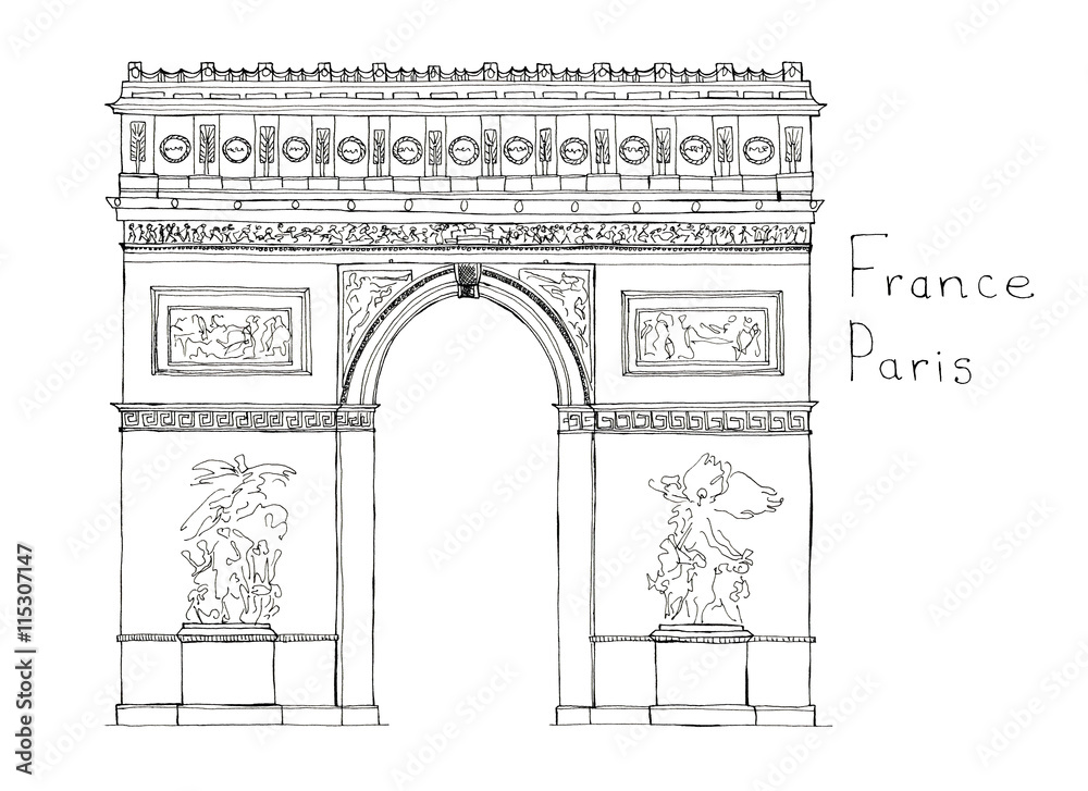 Fototapeta premium Hand drawn architecture sketch of Arc de Triomphe - Triumphal Arch - Paris France with lettering France Paris isolated on white