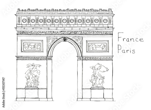 Hand drawn architecture sketch of Arc de Triomphe - Triumphal Arch - Paris France with lettering France Paris isolated on white