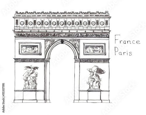 Watercolor Hand drawn architecture sketch of Arc de Triomphe - Triumphal Arch - Paris France with lettering France Paris isolated on white