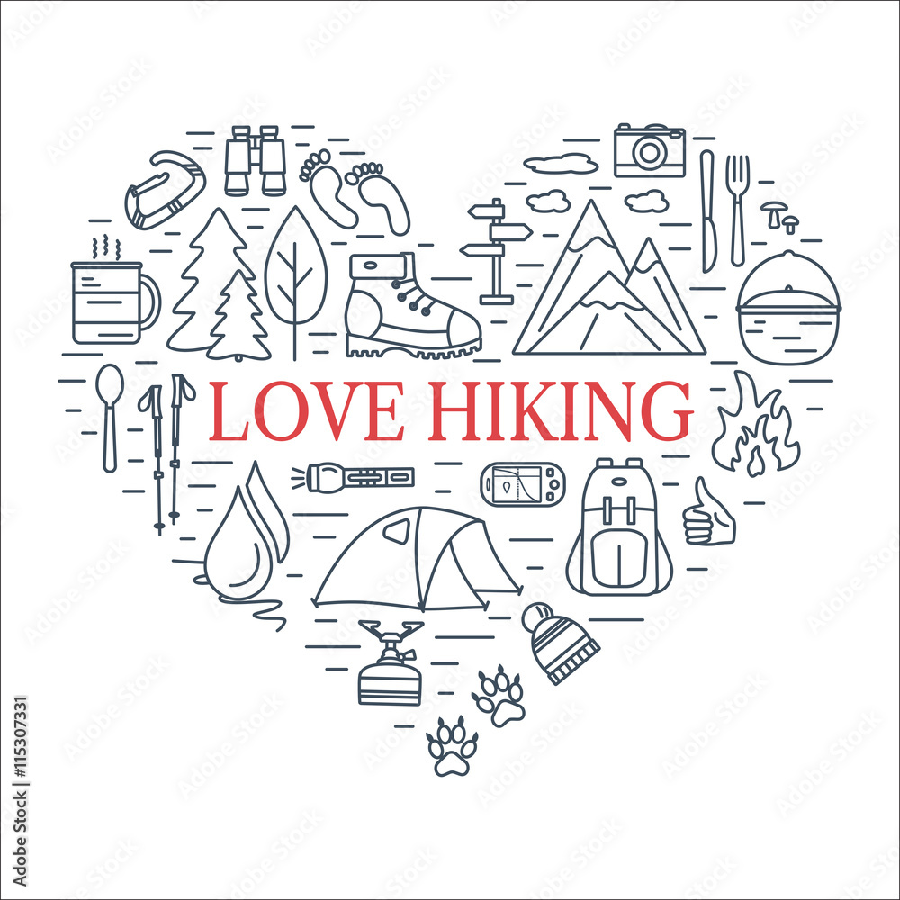Obraz premium Outdoor line icons in the shape of heart. Hiking and camping love concept. Summer tourism items. Travel gear outline symbols with open paths.