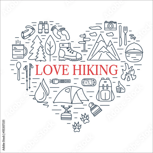 Outdoor line icons in the shape of heart. Hiking and camping love concept. Summer tourism items. Travel gear outline symbols with open paths.