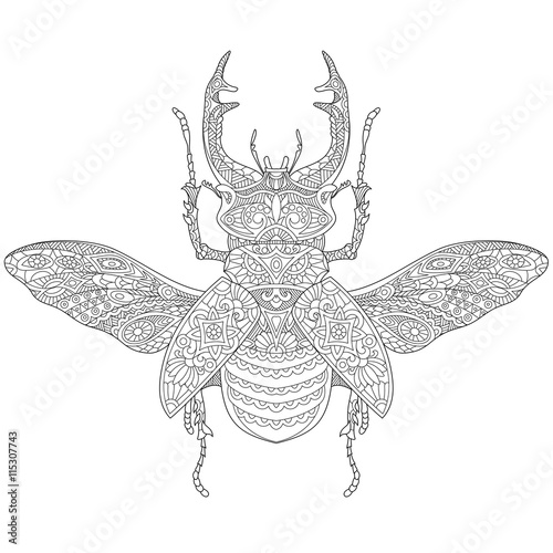 Zentangle stylized cartoon stag beetle (deer beetle, Lucanus cervus). Hand drawn sketch for adult antistress coloring book page, T-shirt emblem, logo, tattoo with doodle, zentangle design elements.